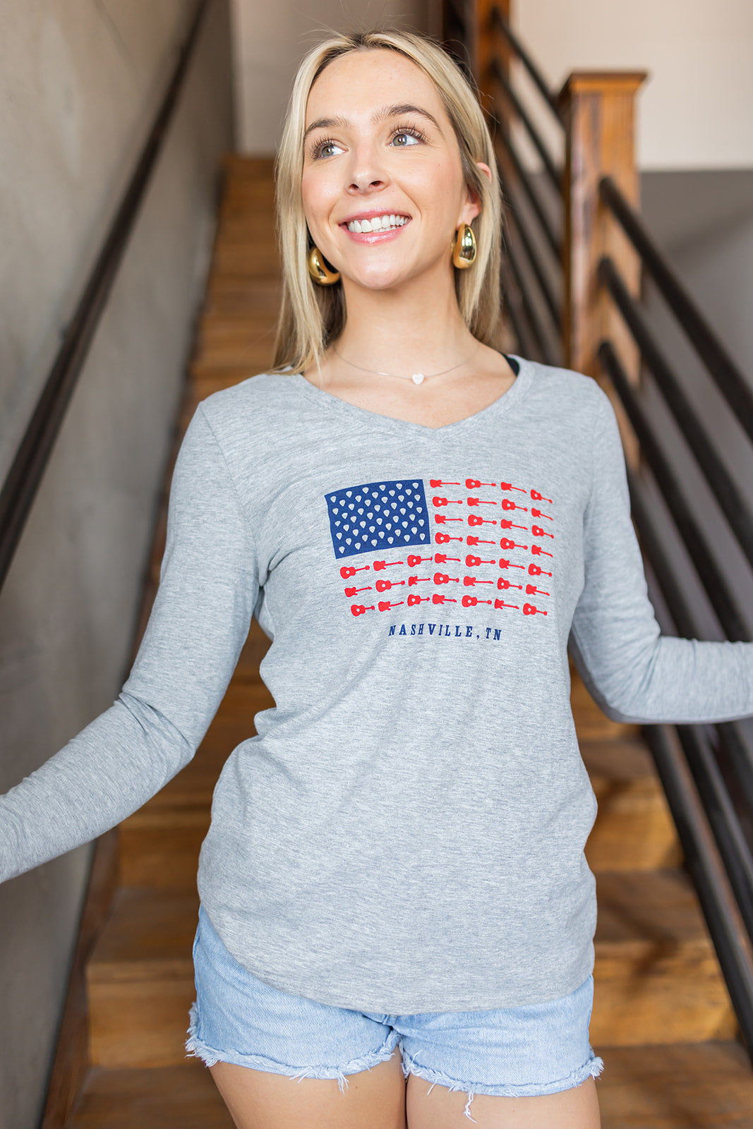 Ladies Long Sleeve Music City Flag V-Neck -