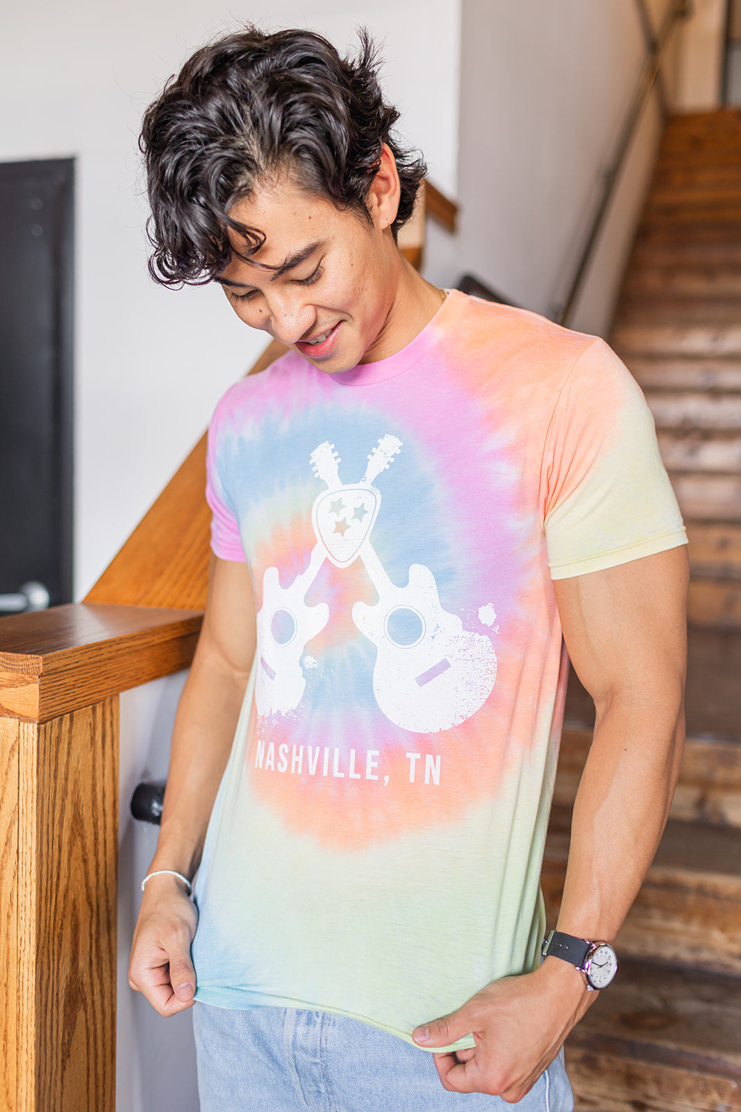 Unisex Pastel Tie Dye Nashville Guitars Crossed Tee -