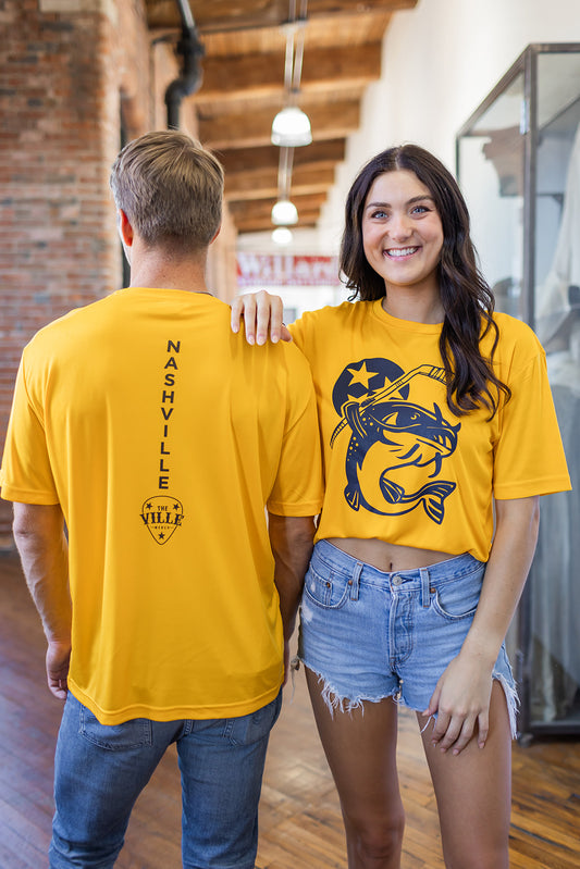 Adult Performance Stanley the Catfish Gold Tee -