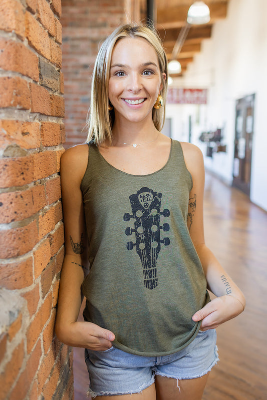 Ladies Distressed Guitar Military Green Tank Top -