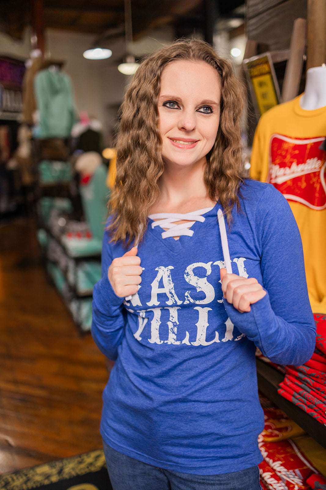 Ladies Lace Up Nashville Stacked Blue Long Sleeve