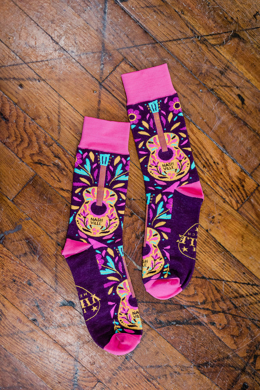 Adult Retro Guitar Nashville Socks - Pink
