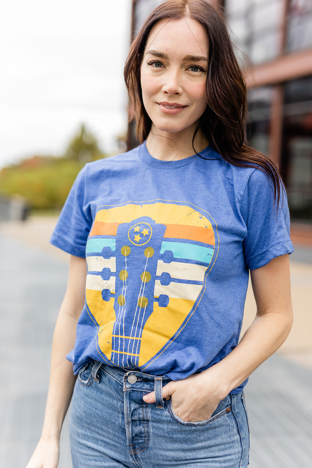 Nashville Vintage Guitar Pick Tee Heather Blue