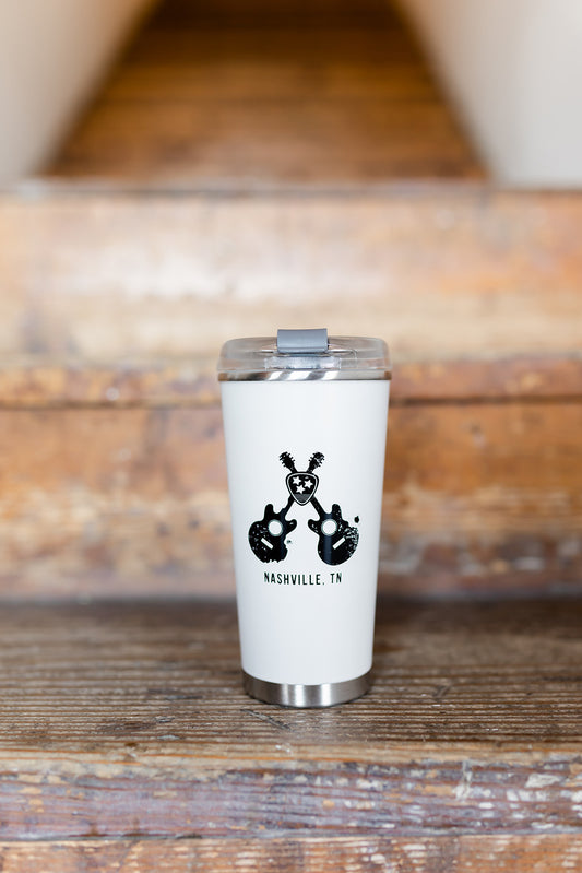 Crossed Guitar Thermal Tumbler with Optional Straw (White)