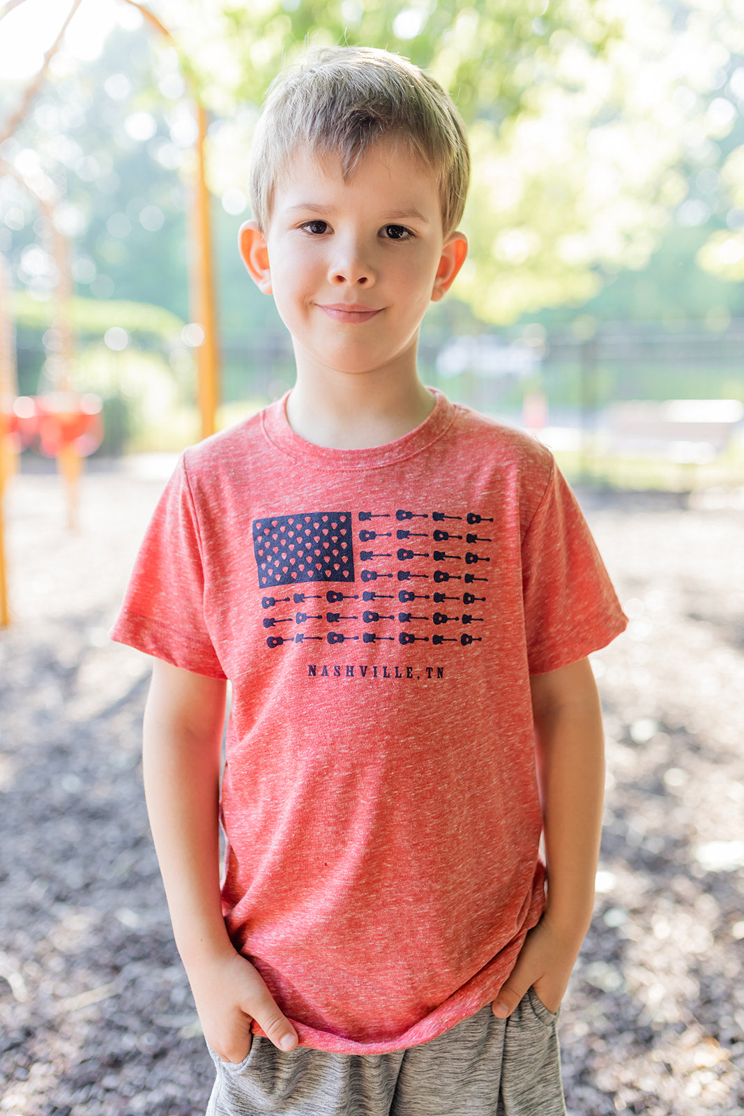 Youth Melange Red Music City Flag Guitar tee -