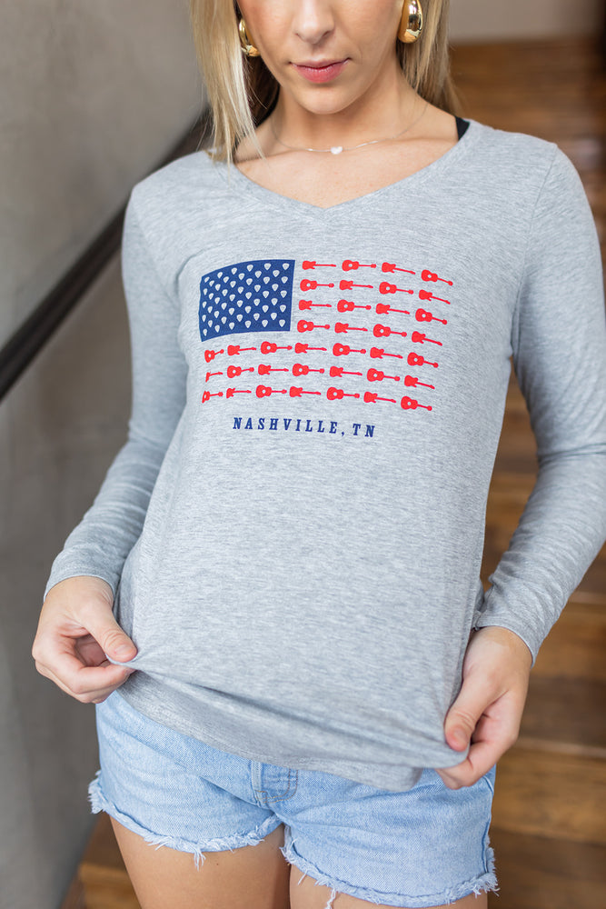 
                  
                    Load image into Gallery viewer, Ladies Long Sleeve Music City Flag V-Neck
                  
                