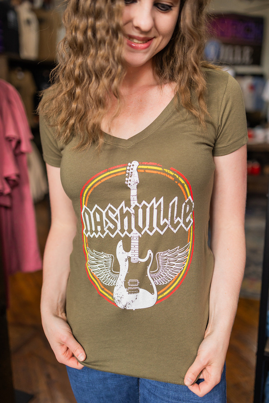 Ladies Nashville Wings V Neck Military Green