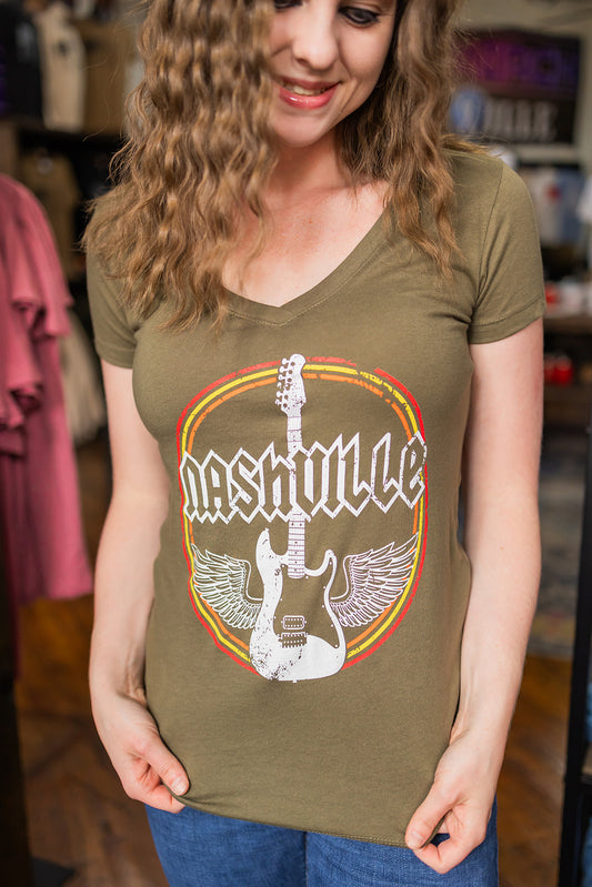 Ladies Nashville Wings V Neck Military Green