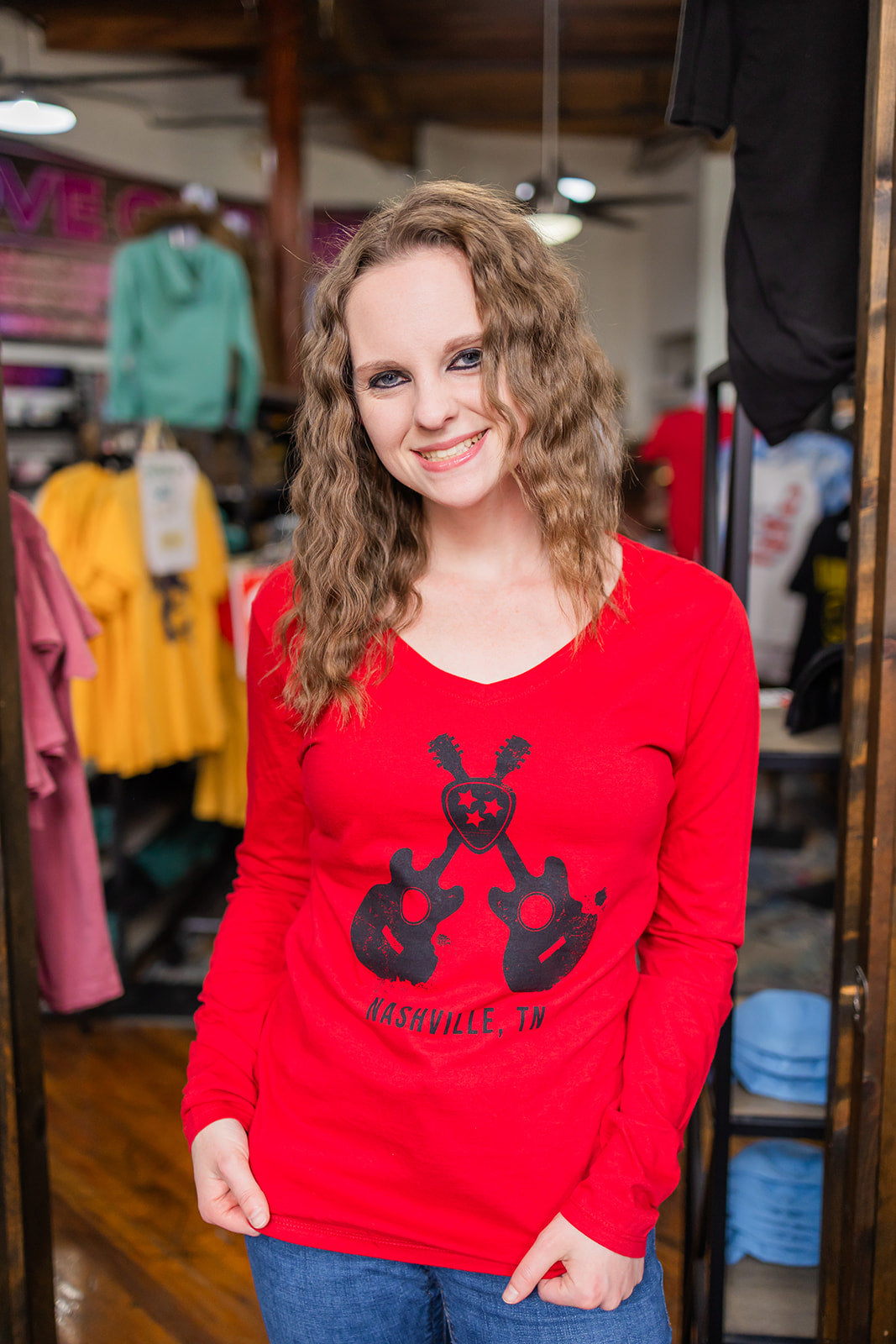 Ladies Crossed Guitar V-Neck Long Sleeve