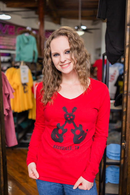 Ladies Crossed Guitar V-Neck Long Sleeve