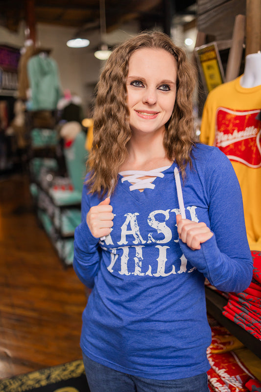 Ladies Lace Up Nashville Stacked Blue Long Sleeve
