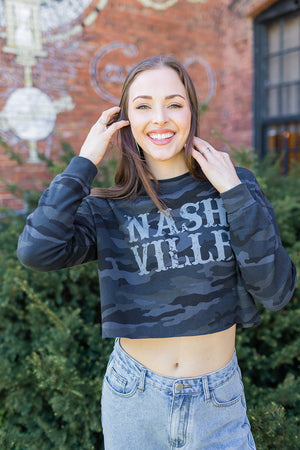 
                  
                    Load image into Gallery viewer, Ladies Nashville Stacked Camo Cropped Crew
                  
                