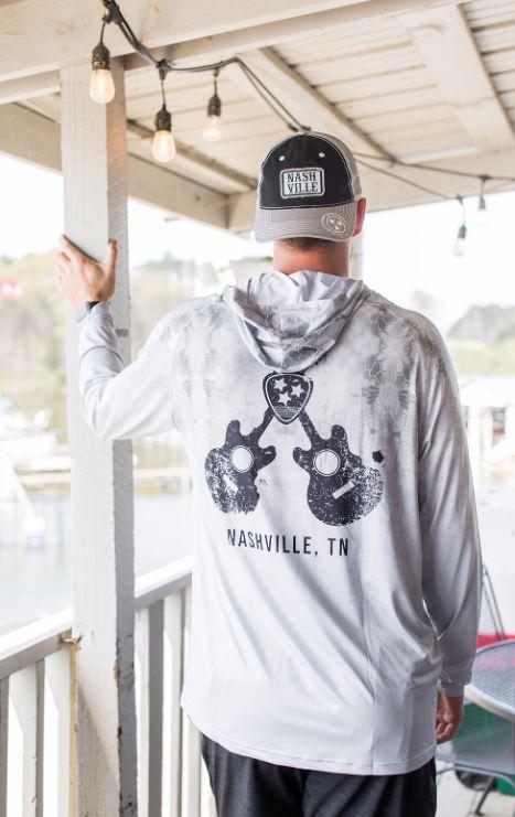 
                  
                    Load image into Gallery viewer, Nashville Distressed Guitar Performance Hooded UPF50 Long Sleeve
                  
                