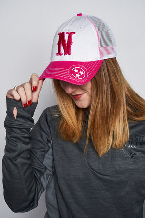 
                  
                    Load image into Gallery viewer, Nashville Pink/White Unstructured Mesh Snapback
                  
                