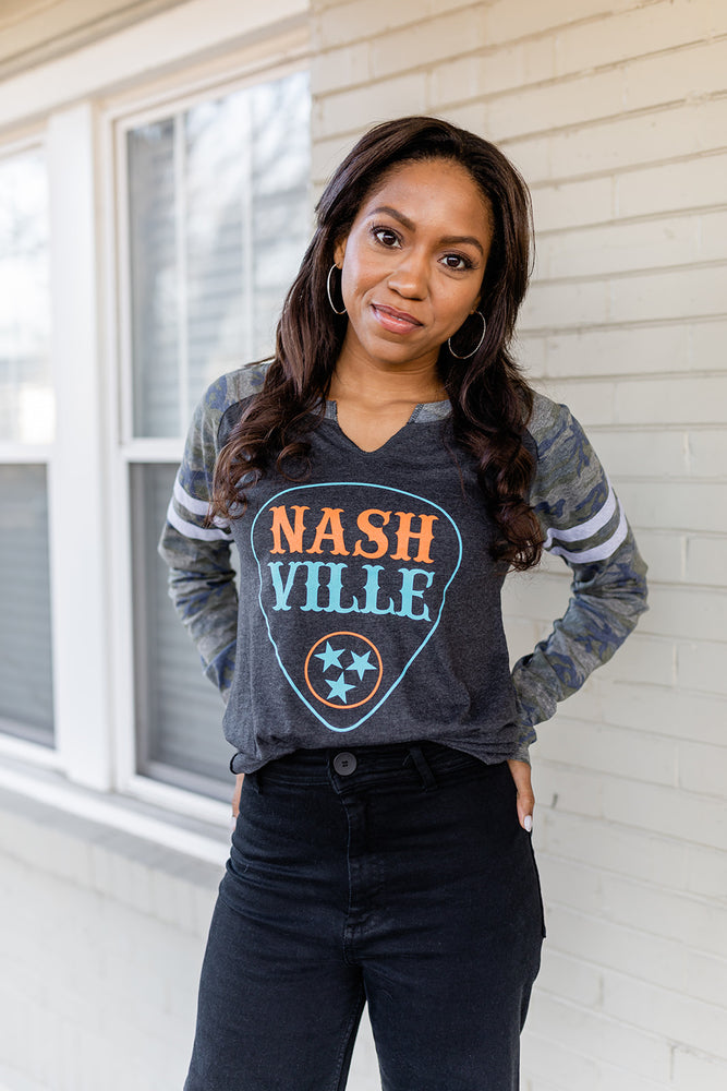 Camo Ladies Nashville Neon Pick V Neck